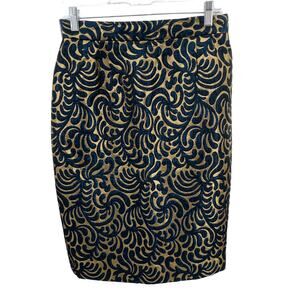 Vintage Joanna Mastroianni Blue & Gold Silk Metallic Jacquard Midi Skirt Sz 12